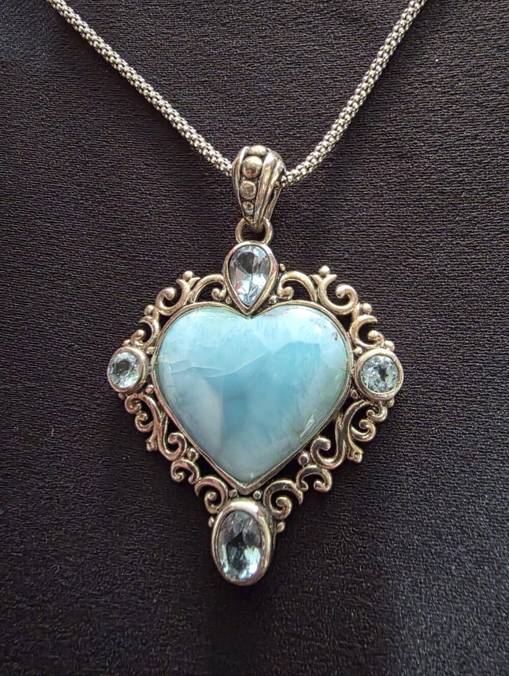 JTV Larimar & Blue Topaz Heart Pendant Necklace 18" Popcorn Chain #VMH045